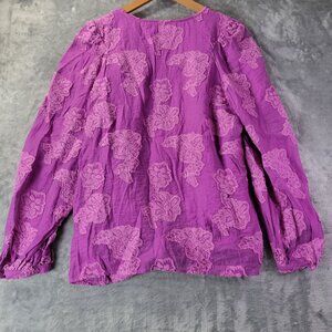 LOFT Womens M Purple Floral Jacquard Blouse Long Sleeve Keyhole Boho Romantic